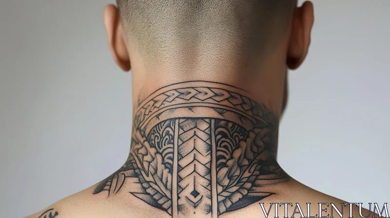 Elaborate Neck Tattoo with Symmetrical Patterns AI Image