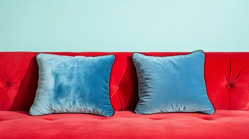 Blue Pillows on Red Couch