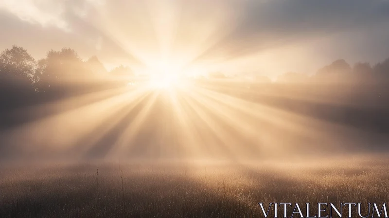 AI ART Misty Morning Sunbeams Over a Field