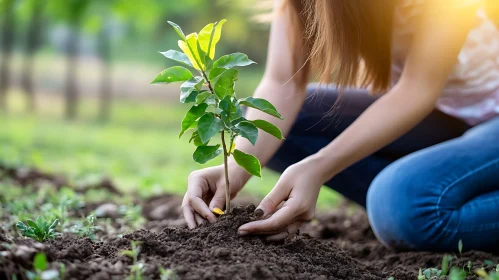 Woman Planting a Young Tree Sapling