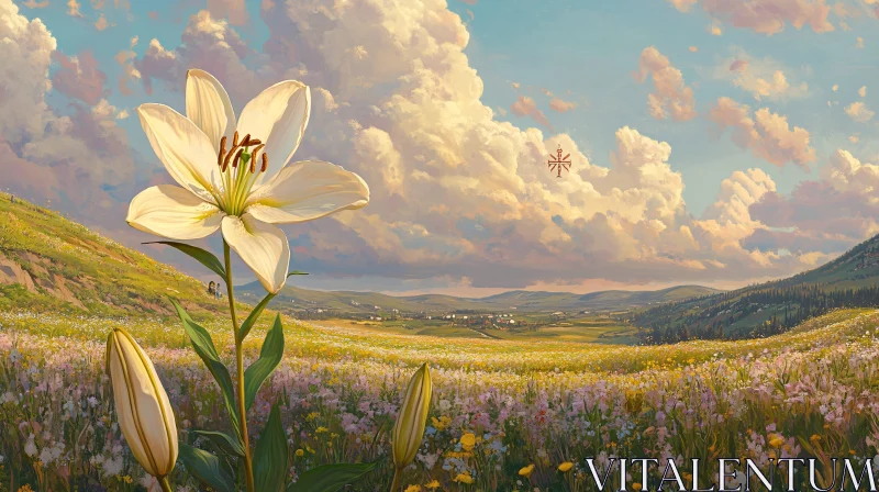 Lily in Bloom Overlooking a Valley AI Image