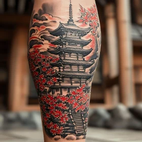 Traditional Pagoda Tattoo with Red Cherry Blossoms