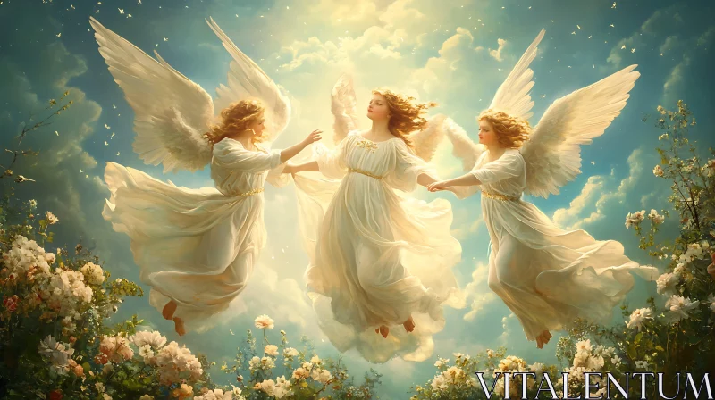 AI ART Angels in Flight Above Blossoms