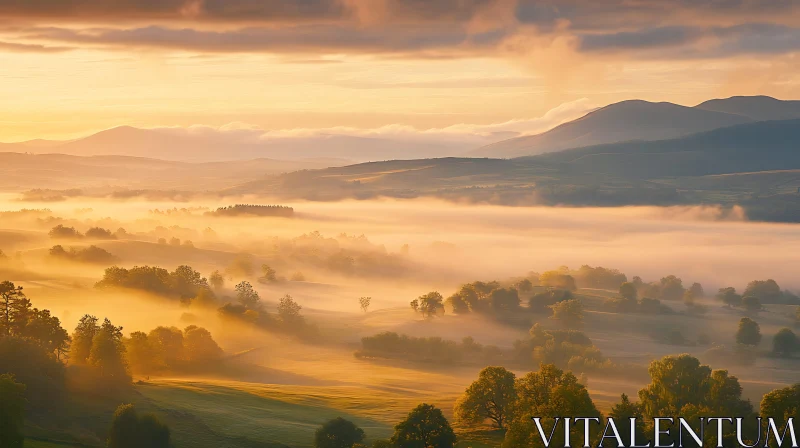 Foggy Morning Hills at Sunrise AI Image