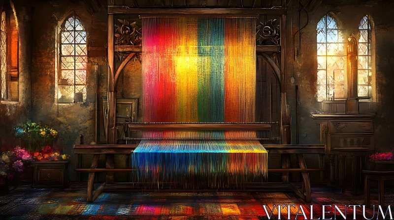 AI ART Colorful Tapestry on Loom in Studio