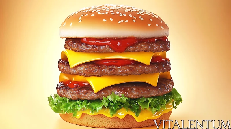 Delicious Triple Cheeseburger with Lettuce and Ketchup AI Image