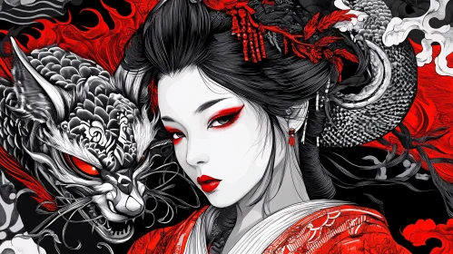 Monochrome Geisha with Dragon Art