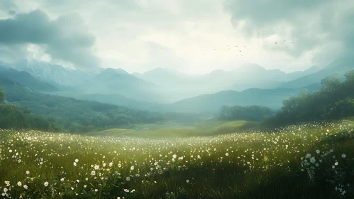 Scenic Mountain Landscape with Flower Field