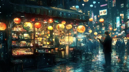 City at Night with Glowing Lanterns