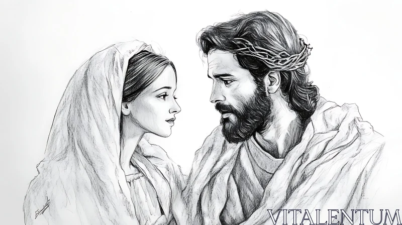 Jesus and Mary Pencil Art AI Image