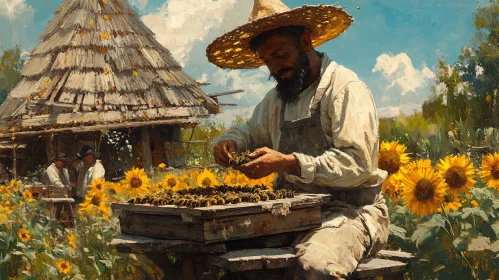 Beekeeper amongst sunflowers