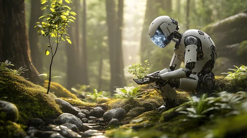 Robot and Seedling in Forest