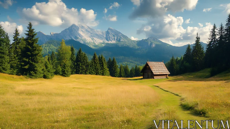 Cabin in Mountain Meadow Peaceful Scenery AI Image