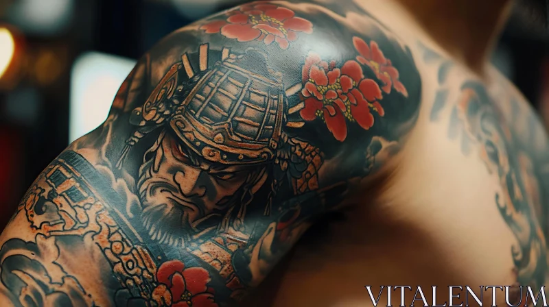 Samurai Warrior Shoulder Tattoo with Floral Design AI Image