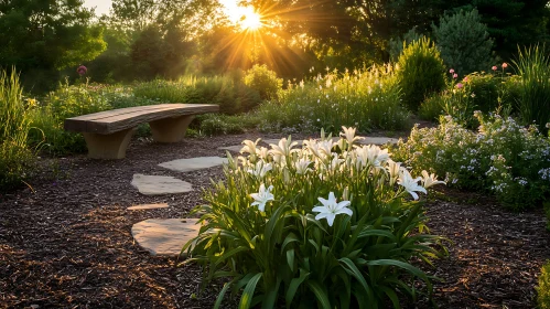 Sunlit Garden Scene with Stone Bench