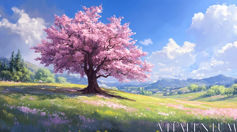 Pink Blossoms on Hillside AI Image