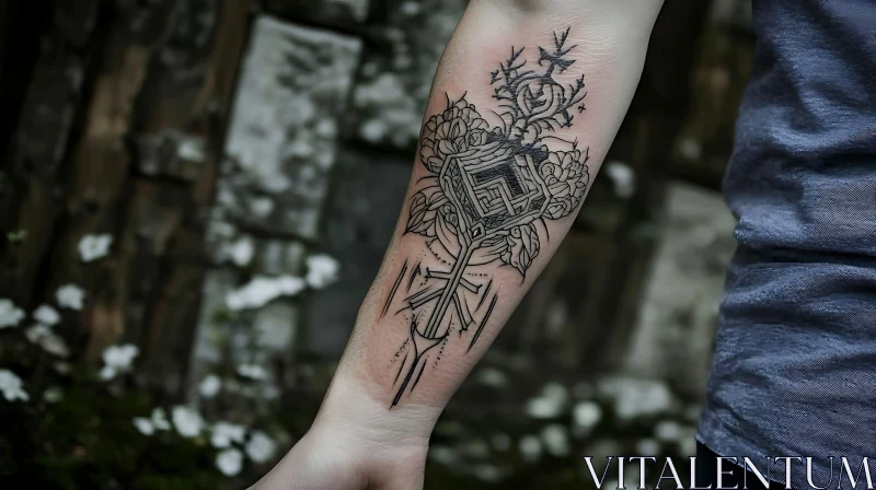 Geometric Floral Sword Tattoo on Forearm AI Image