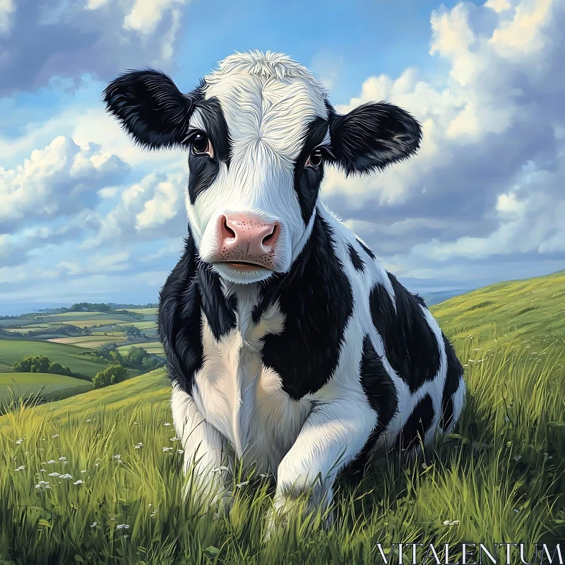 Pastoral Cow Portrait on Green Meadow AI Image