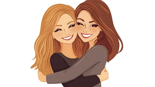 Illustration of Two Female Friends Embracing