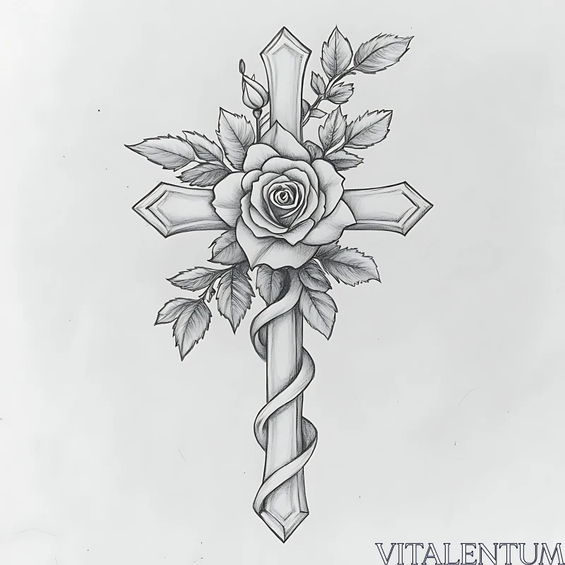 Rose and Cross Tattoo with Detailed Leaves AI Image