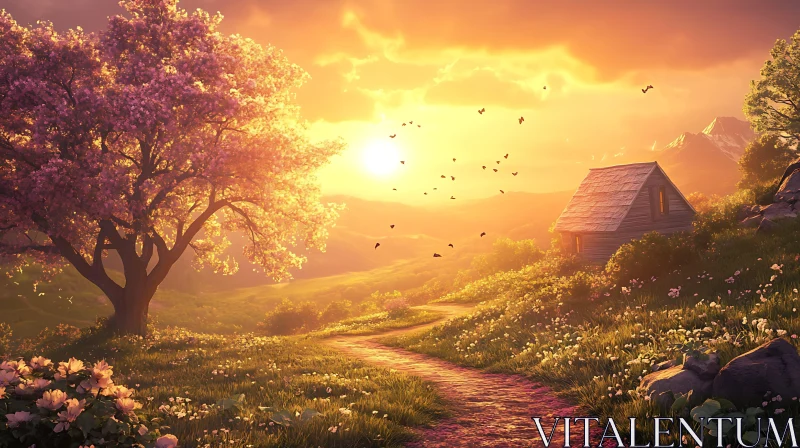 Sunset Over a Cottage in a Meadow AI Image