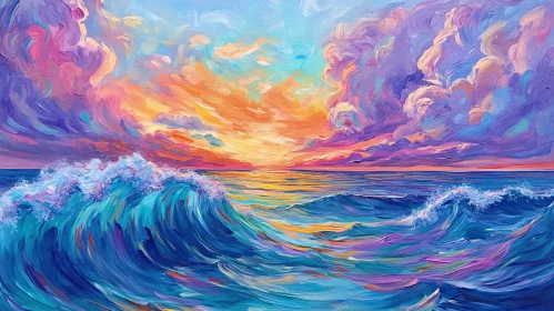 Dynamic Sea Waves Beneath a Radiant Sunset