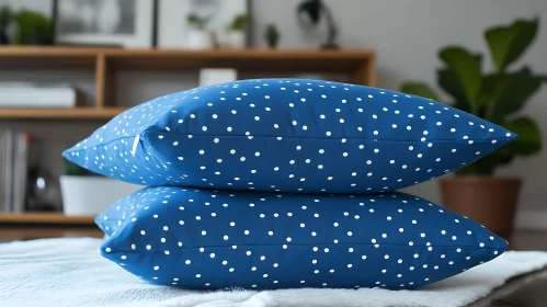 Blue Polka Dot Pillows on White Fur