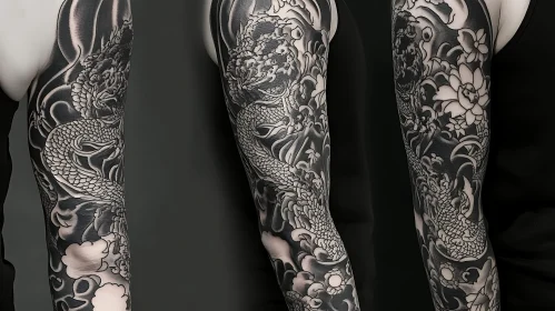 Exquisite Dragon Arm Sleeve Tattoo with Floral Design