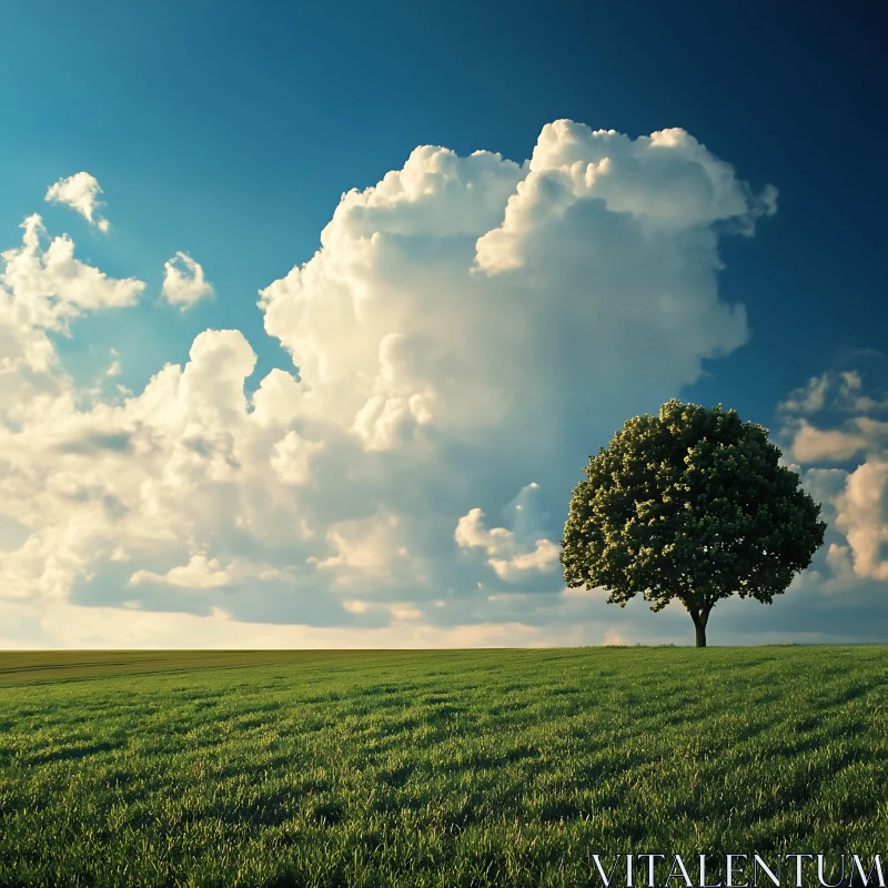 AI ART Solitary Tree in a Green Field