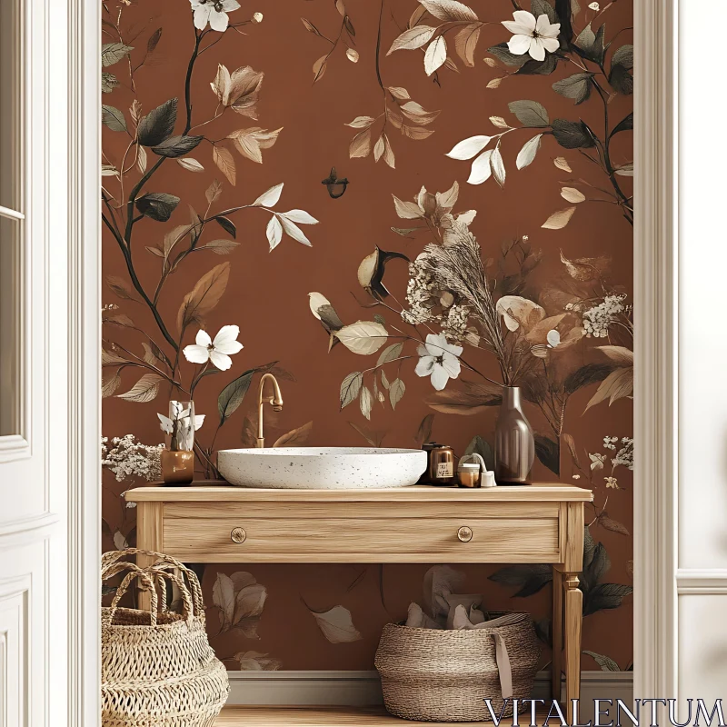 Rustic Bathroom with Floral Wallpaper AI Image