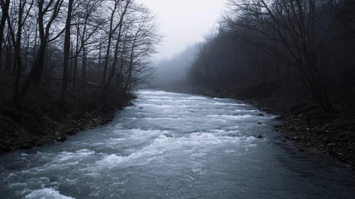 Serene River Amidst Foggy Forest