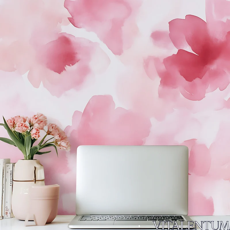 AI ART Floral Desktop with Laptop and Flowers