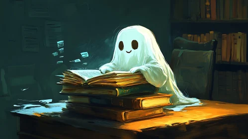 Whimsical Ghost Reading a Book