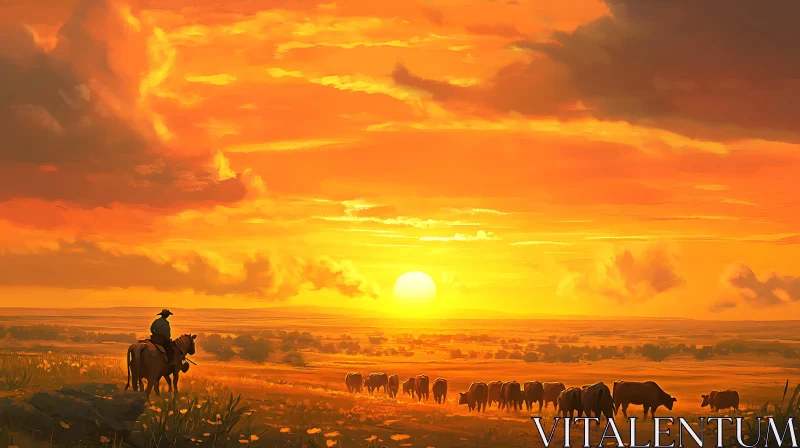 Western Sunset with Cowboy and Cattle AI Image