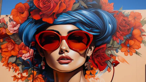 Artistic Mural Illustration of Woman with Sunglasses and Roses
