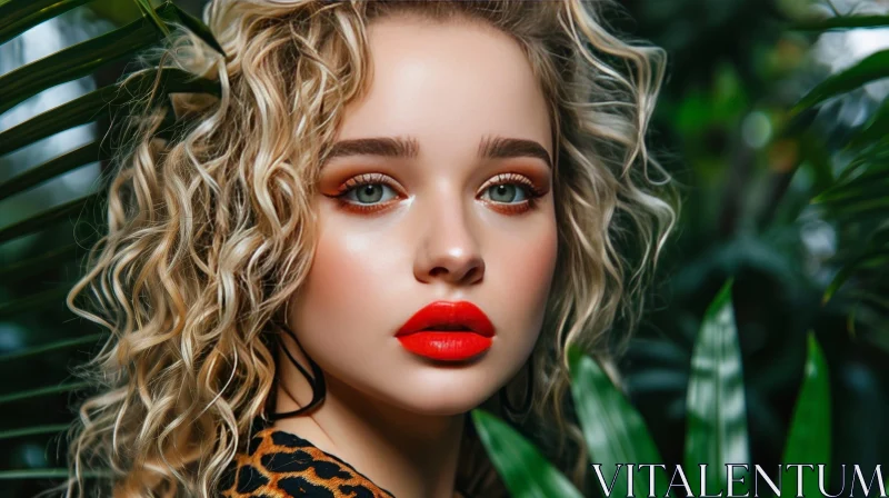 Confident Woman with Curly Hair and Red Lipstick on Green Background AI Image