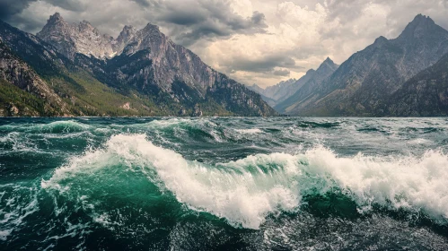 Crashing Waves with Mountain Background