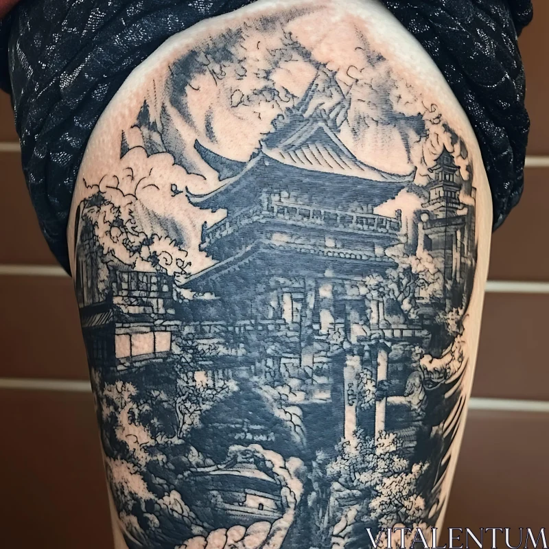 Traditional Japanese Pagoda Tattoo Design AI Image