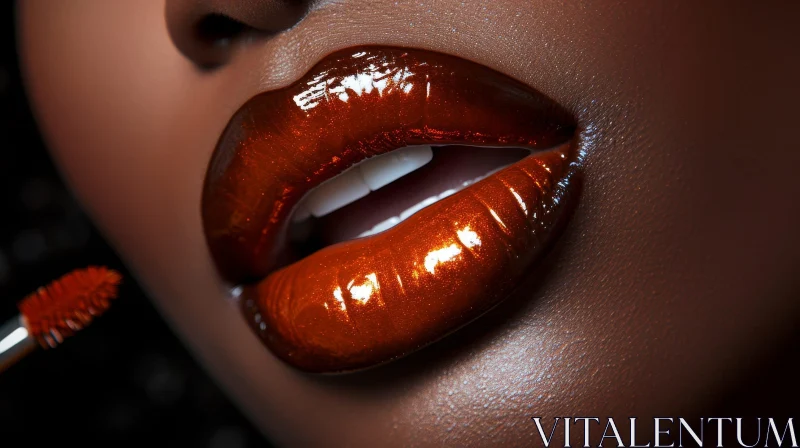 Dark-Skinned Woman's Lips with Brown Glossy Lipstick - Perfect Make-up AI Image