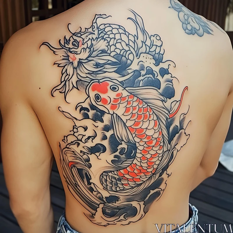 Japanese Koi Fish and Lotus Back Tattoo AI Image