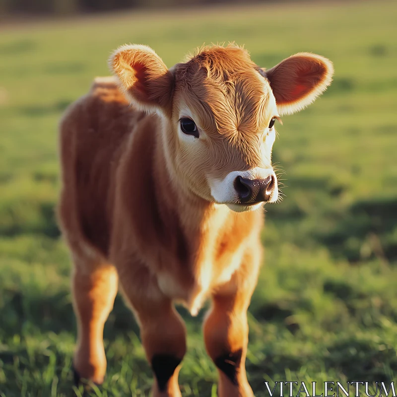 Young Calf in a Field of Grass AI Image