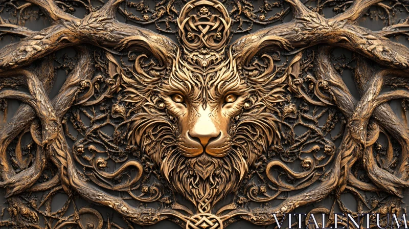 Golden Lion Head Ornate Design AI Image