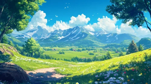 Green Field and Mountain Scenery