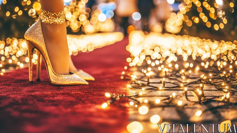 Elegant Gold High Heel Shoe on Red Carpet | Twinkling Background AI Image