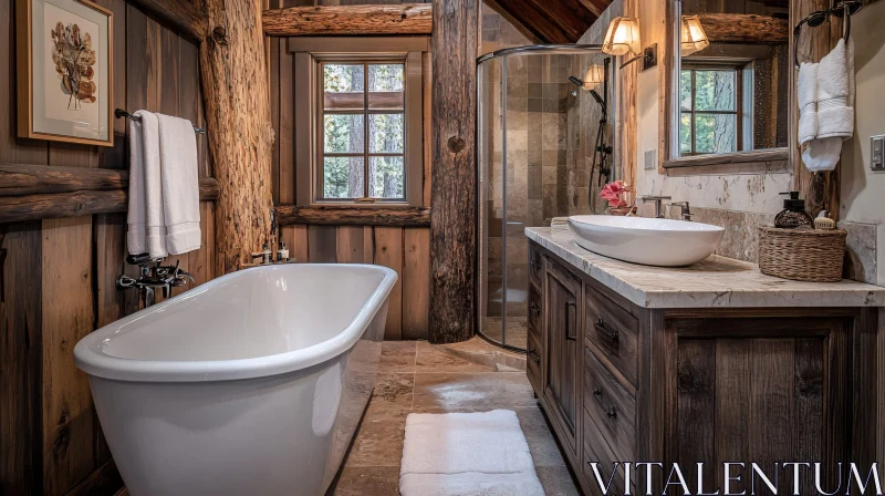 Cozy Bathroom with Wooden Walls and White Tub AI Image