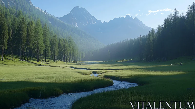 Peaceful Meadow and Mountain Landscape AI Image