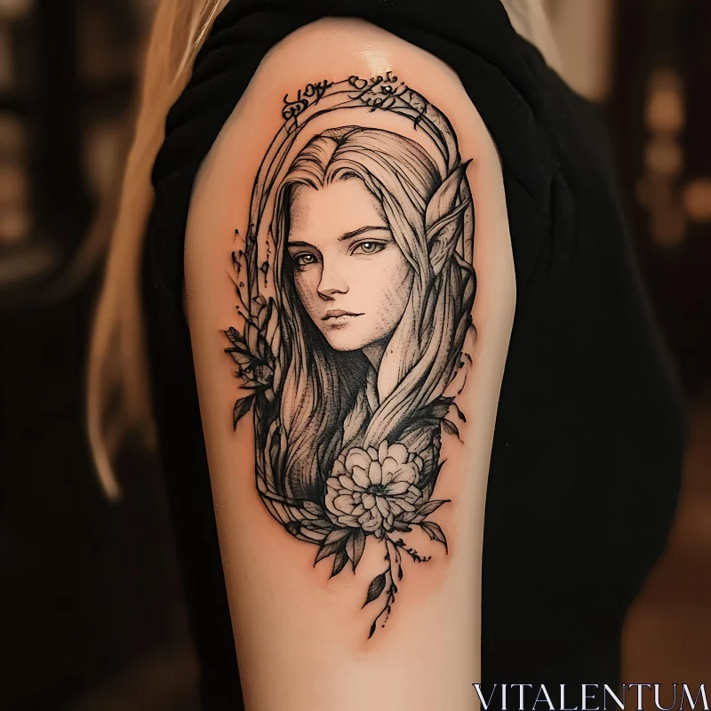 Grayscale Elven Portrait Tattoo AI Image