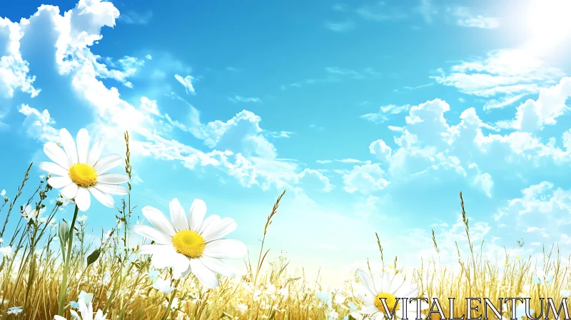 Tranquil Daisy Field Under Azure Sky AI Image