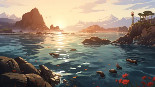Golden Light Ocean and Mountain Scene - Adventure Themed Illustration