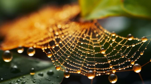 Golden Water-Droplet Covered Spider Web - Nature's Humble Charm